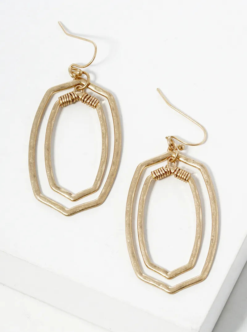 Wire Wrapped Metal Double Rounded Hexagon Dangle Drop Earrings