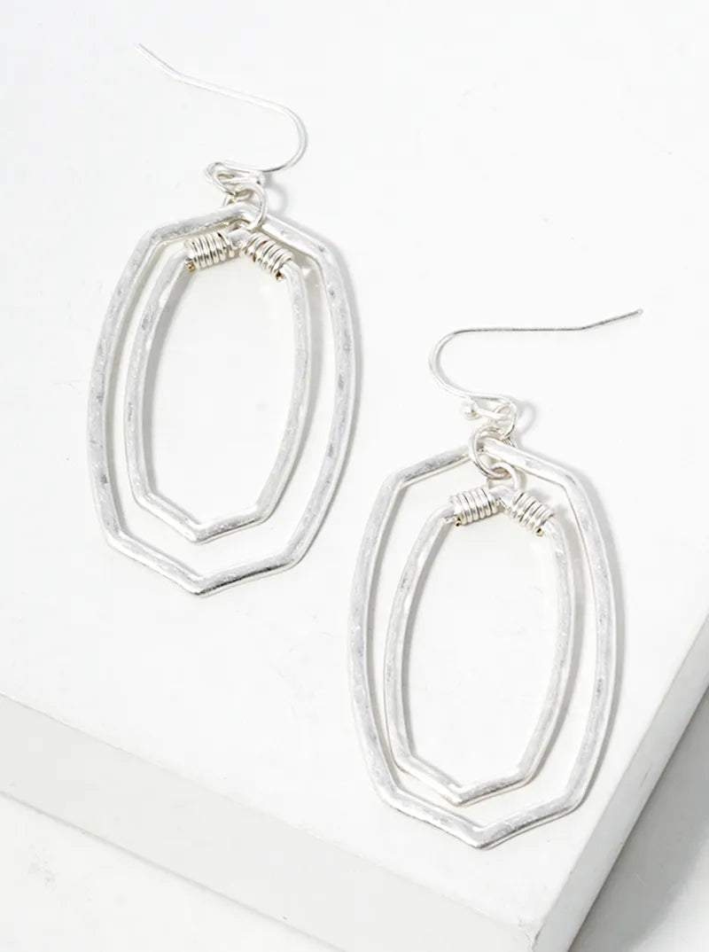 Wire Wrapped Metal Double Rounded Hexagon Dangle Drop Earrings