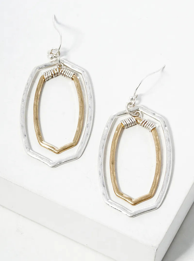 Wire Wrapped Metal Double Rounded Hexagon Dangle Drop Earrings