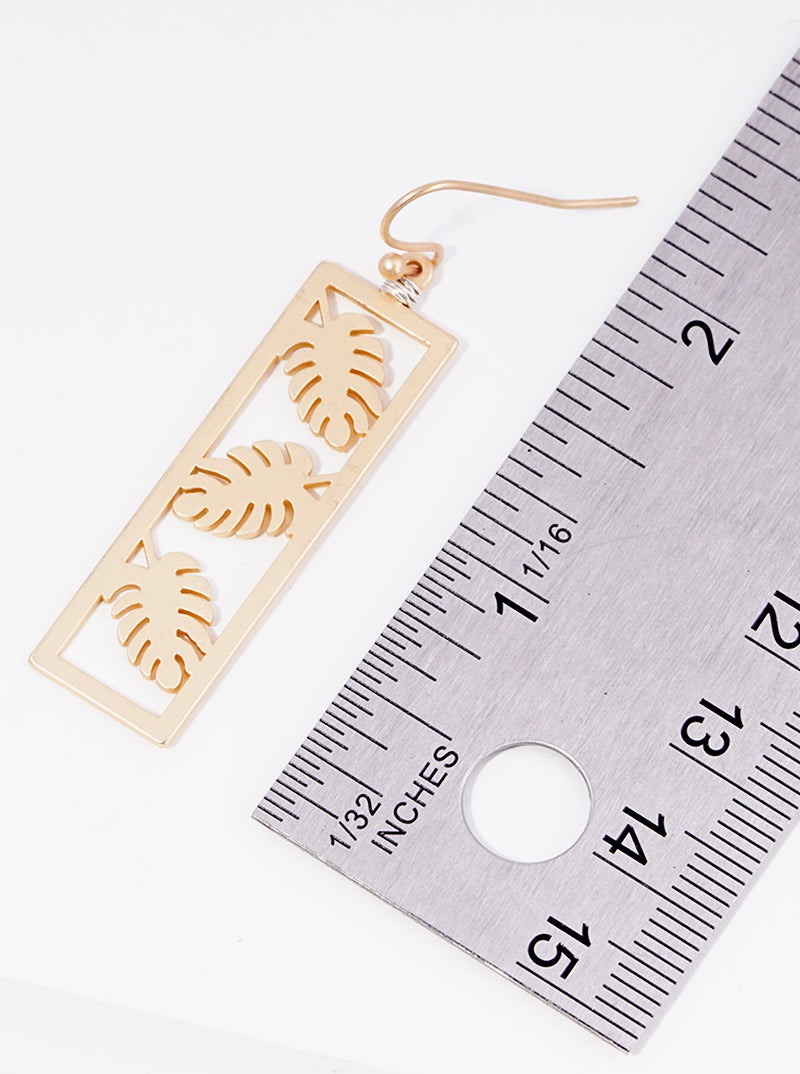 Wire Wrapped Metal Rectangle Monstera Leaf Dangle Drop Earrings