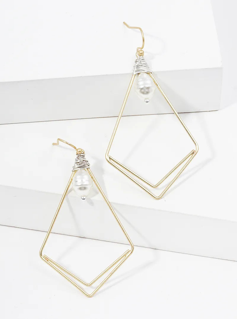 Wire Wrapped Pearl Kite Shape Dangle Drop Earrings