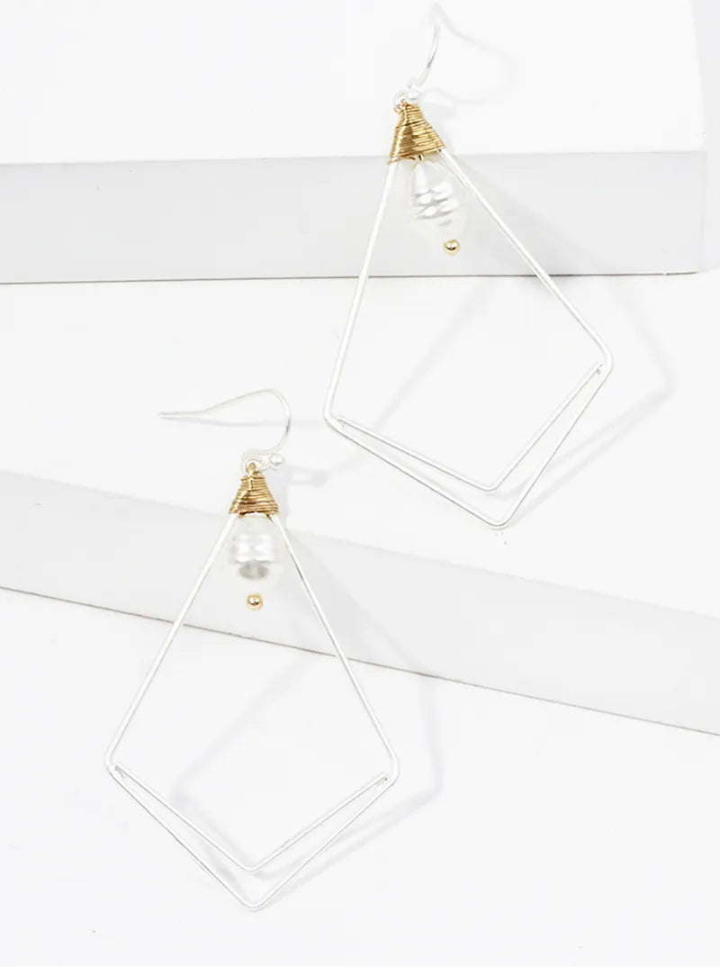 Wire Wrapped Pearl Kite Shape Dangle Drop Earrings