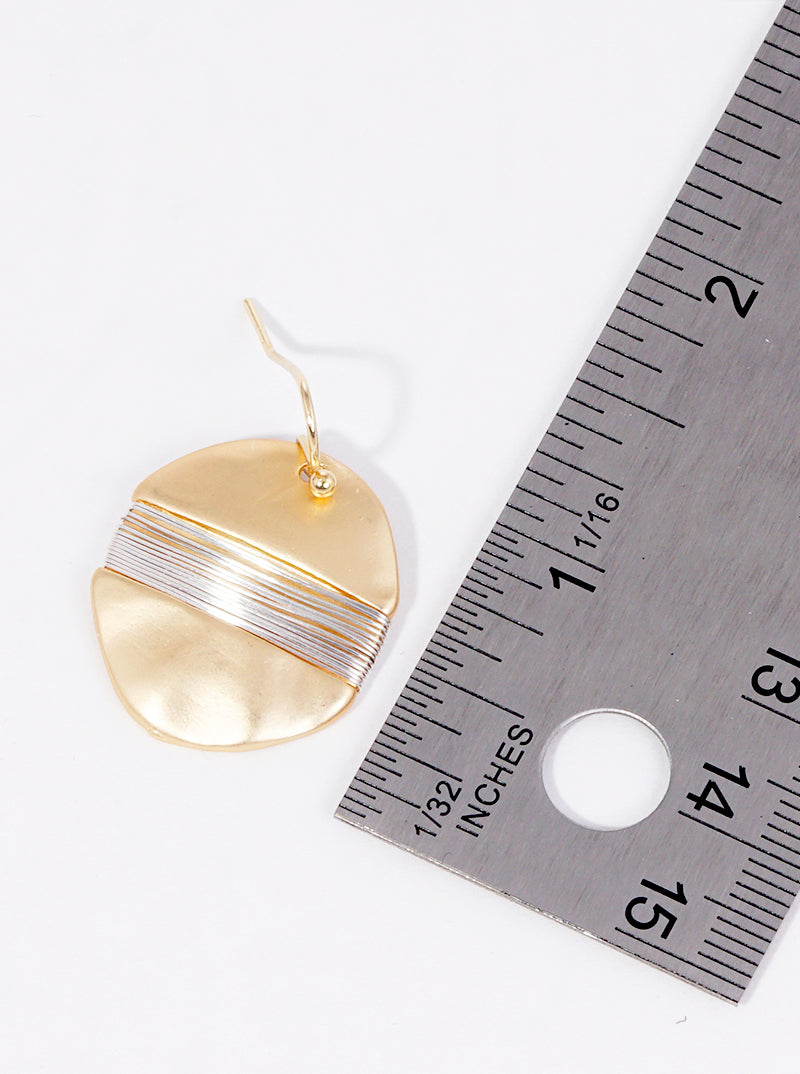 Wire Wrapped Two Tone Hammered Metal Disc Dangle Drop Earrings