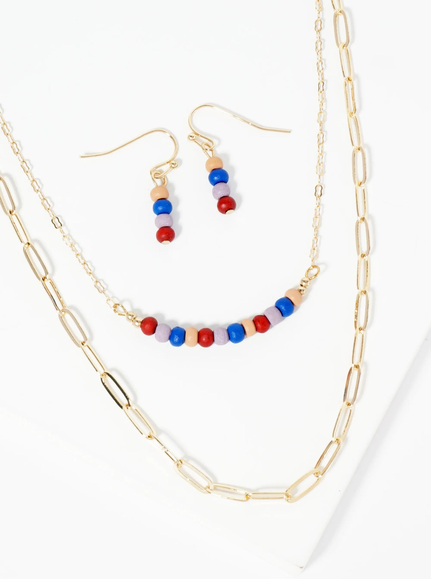 Wood Beaded Layered Chain Necklace Set With Earrings