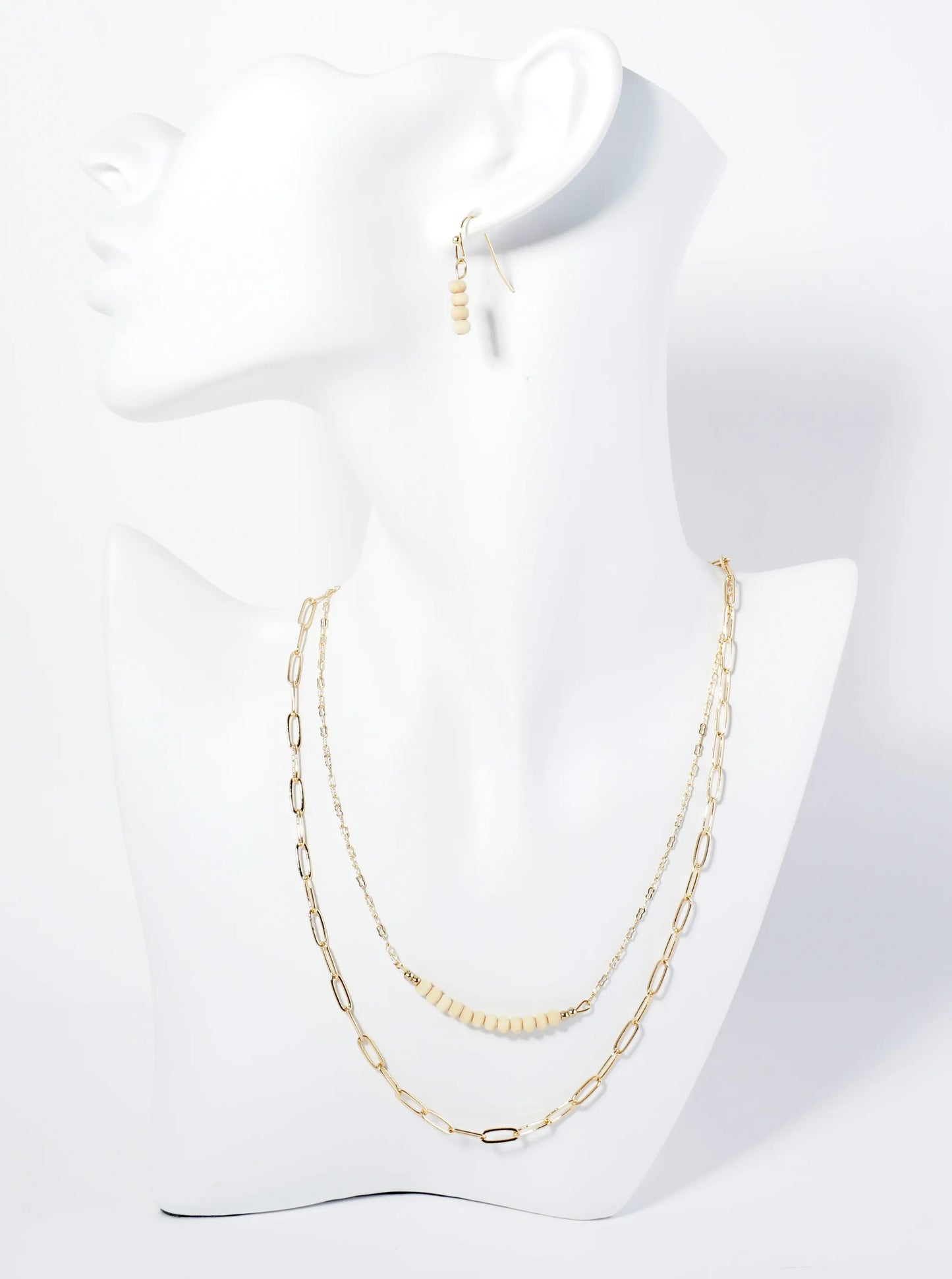 Wood Beaded Layered Chain Necklace Set With Earrings