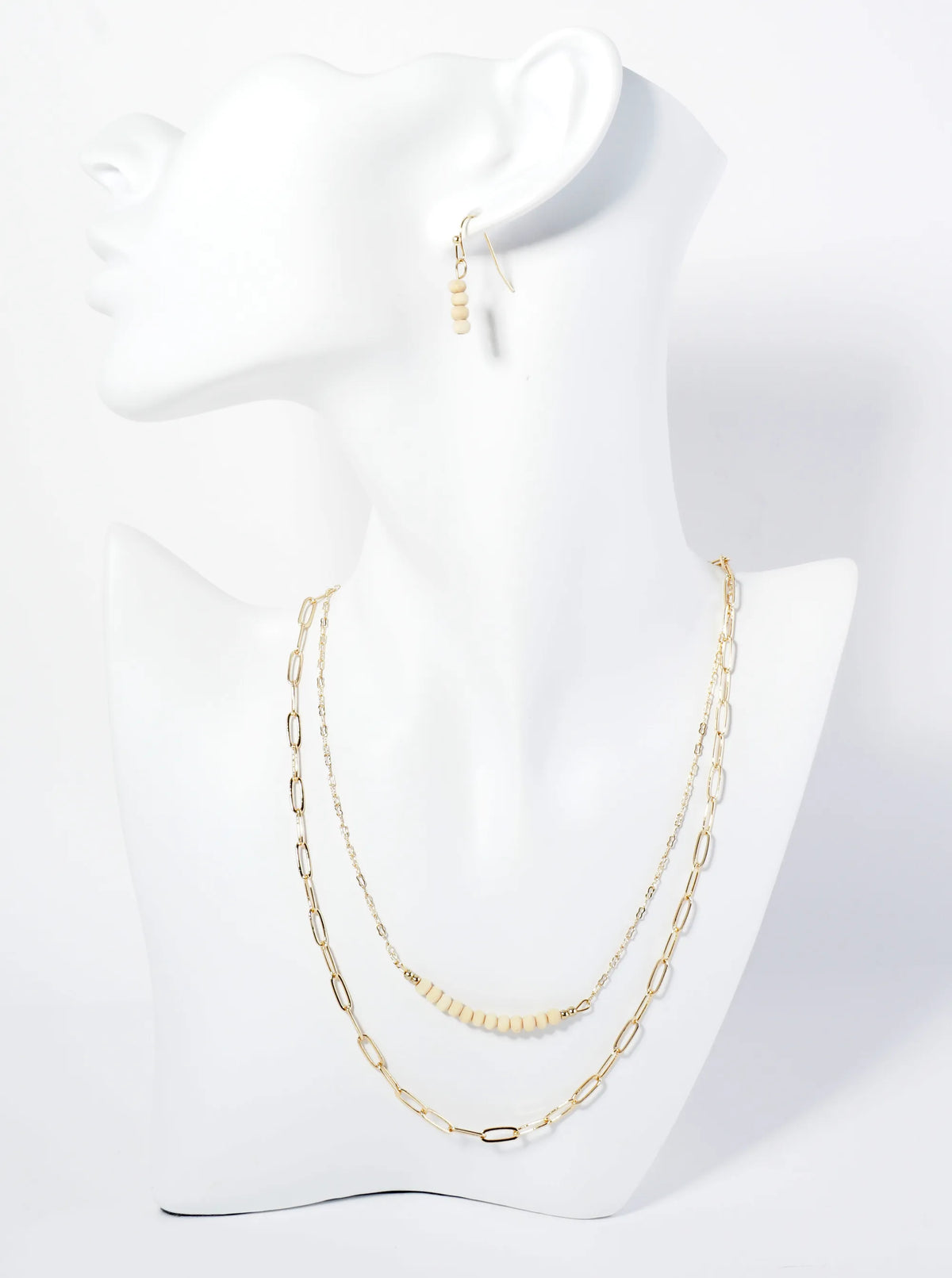 Wood Beaded Layered Chain Necklace Set With Earrings