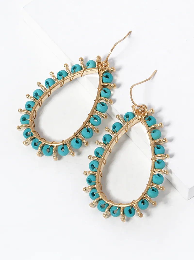 Wood Beaded Teardrop Dangle Earrings