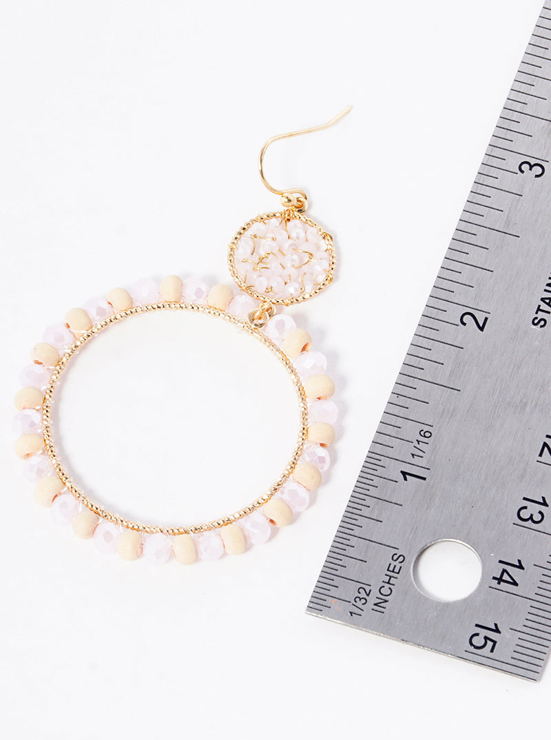 Wood And Glass Beaded Double Circle Dangle Drop Earrings