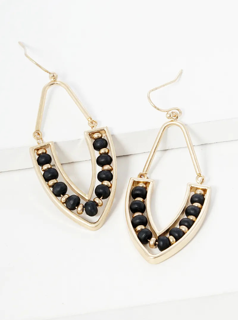 Wood Beaded Marquise Shape Dangle Drop Earrings