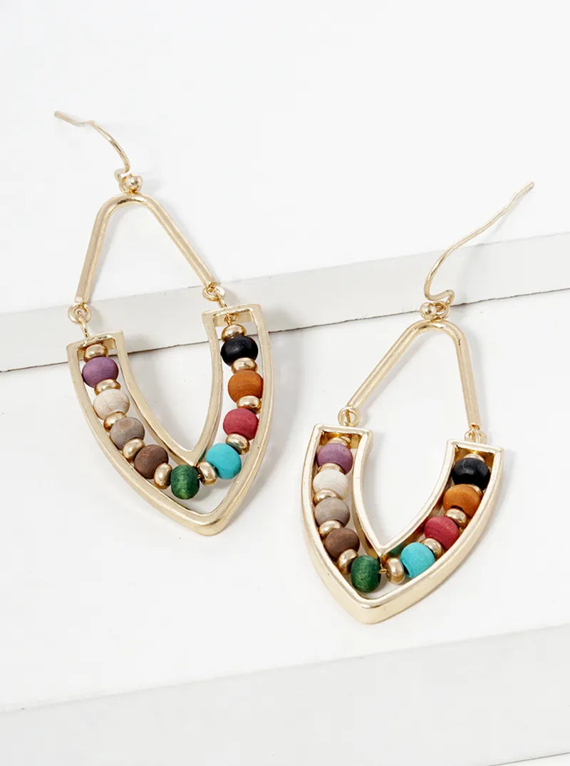 Wood Beaded Marquise Shape Dangle Drop Earrings