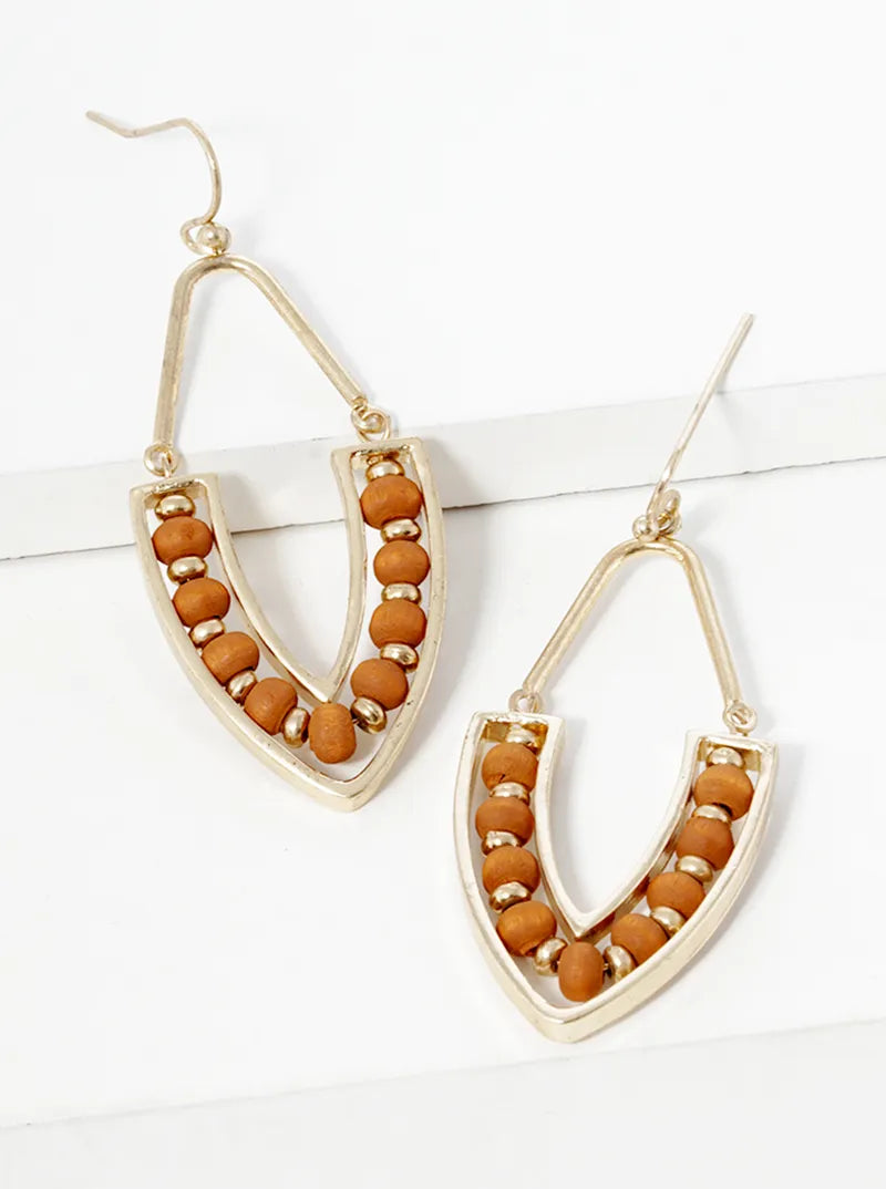 Wood Beaded Marquise Shape Dangle Drop Earrings