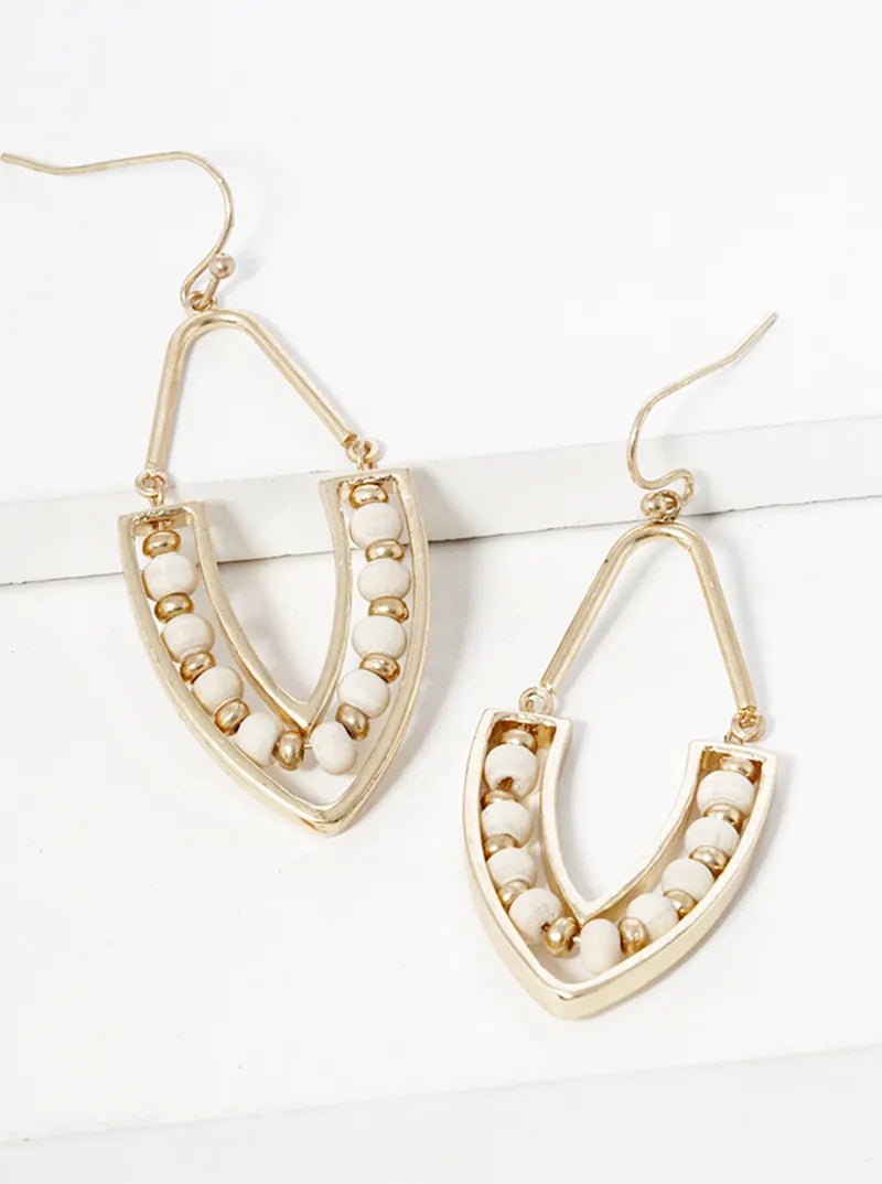 Wood Beaded Marquise Shape Dangle Drop Earrings