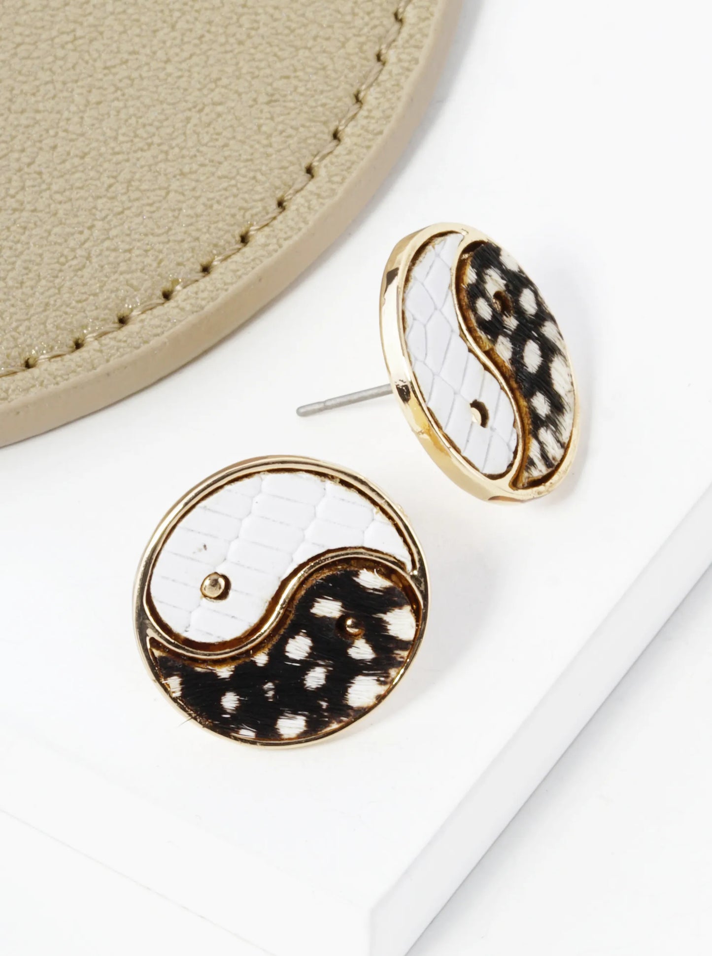 Yin Yang Leather Spiritual Button Stud Earrings