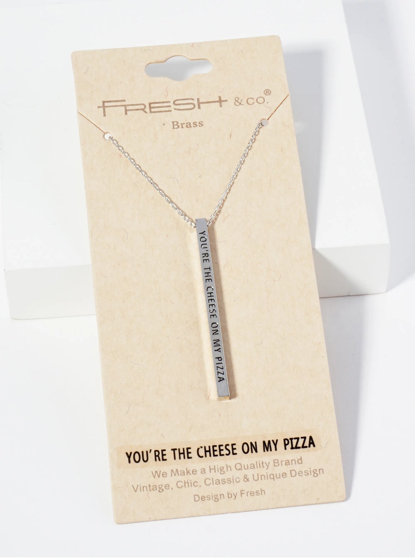 You Are The Cheese On My Pizza Engraved Vertical Bar Pendant Inspirational Necklace