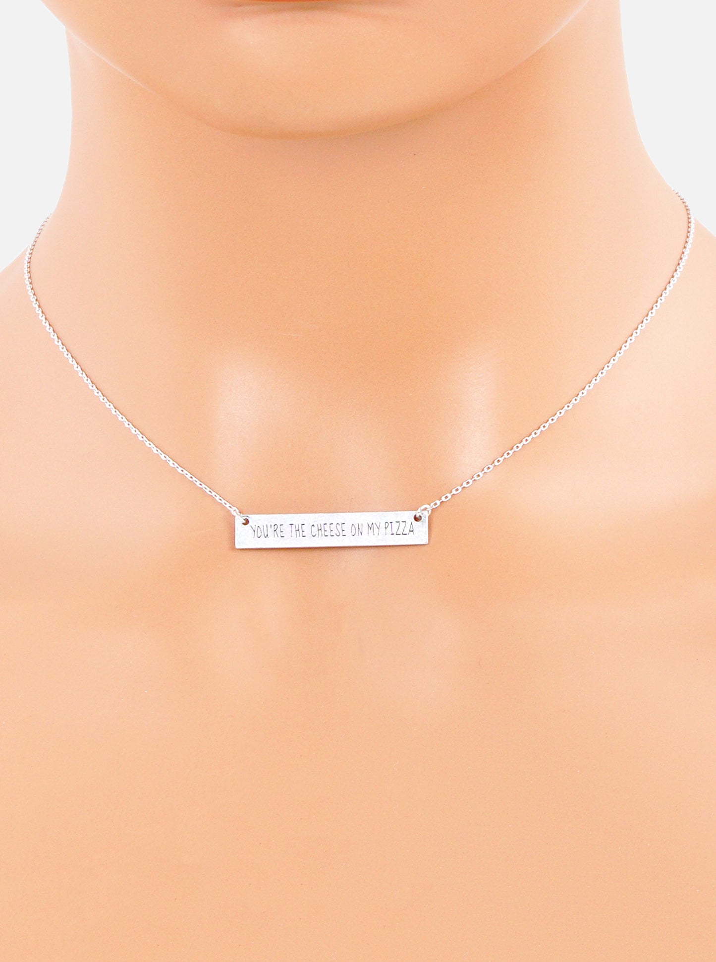 You Are The Cheese On My Pizza Engraved Horizontal Bar Pendant Necklace