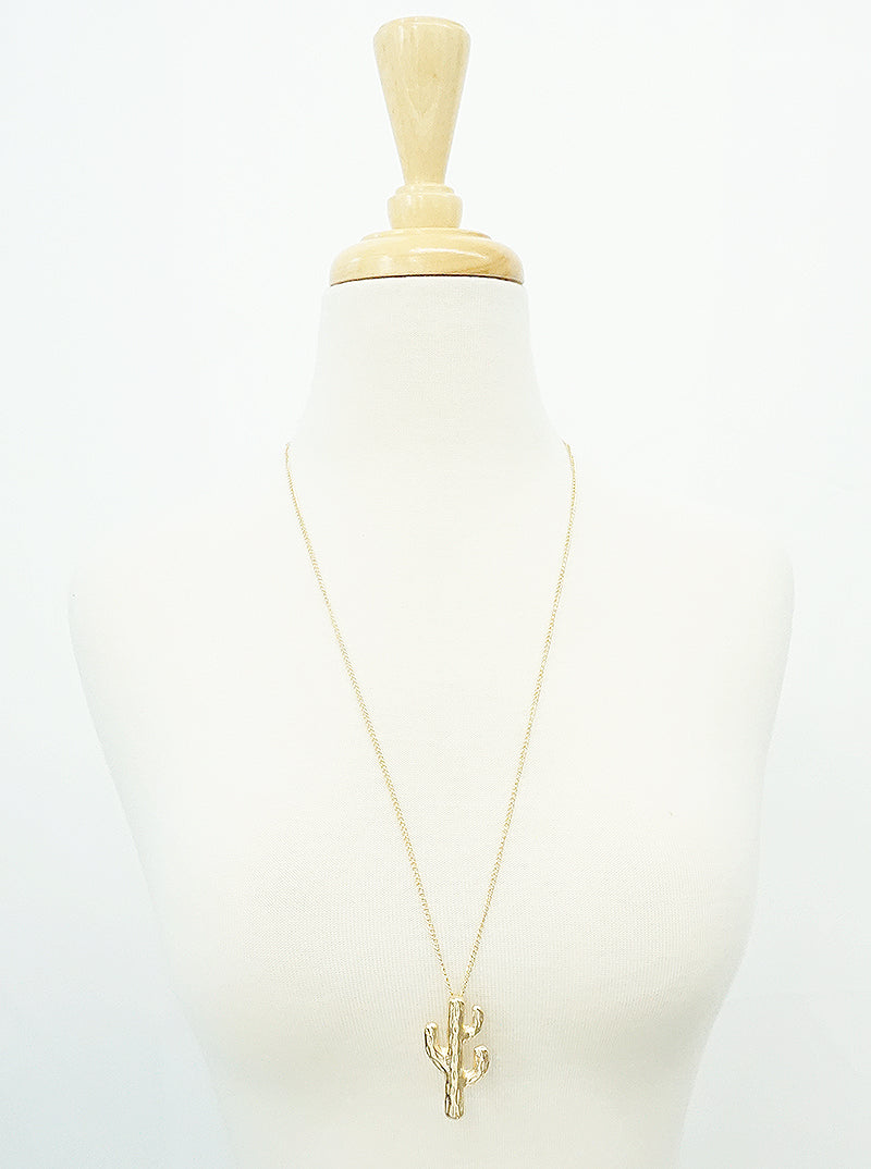 TEXTURED METAL CACTUS PENDANT LONG NECKLACE SET WITH EARRINGS GOLD