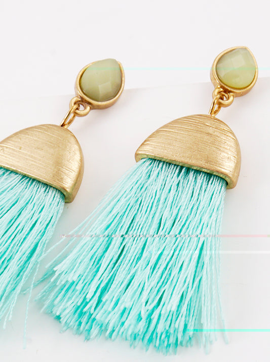 Teardrop Shaped Faceted Glass Beads With Thread Tassel Post Drop Earrings Worn gold-Mint