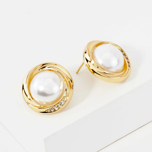 1-Inch Pearl 14K-Gold-Dipped Brass Button Stud Earrings