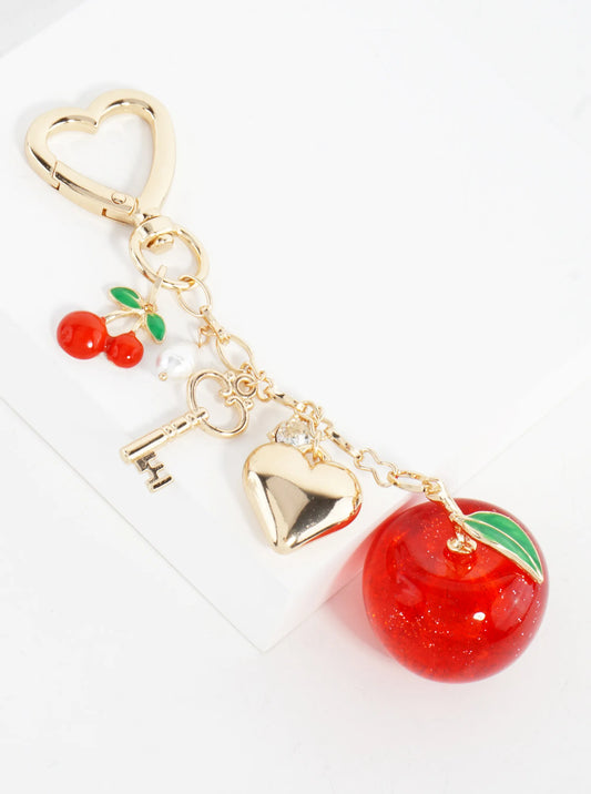 1-inch Sparkling Cherry Drop Pearl Heart Keychain