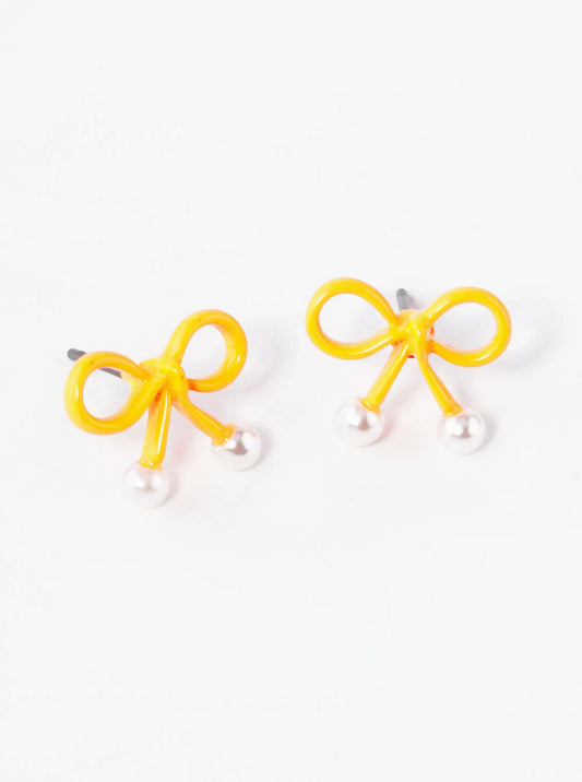 10mm Color Coated Wire Ribbon Bow Pearl Stud Earrings