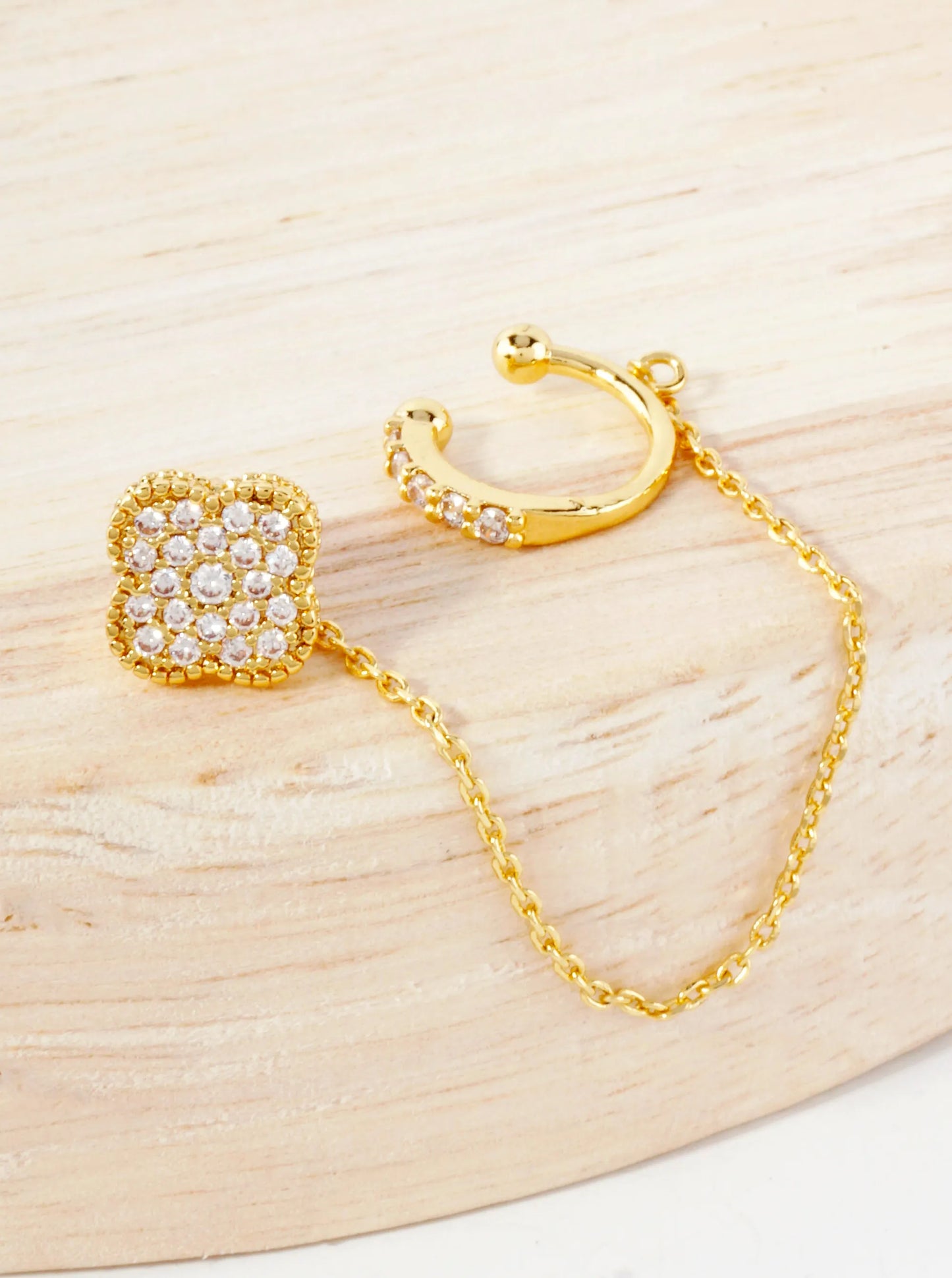 10mm Pave-Set CZ Quatrefoil Stud And Ear Cuff Drape Chain 18K-Gold-Dipped Earring Set