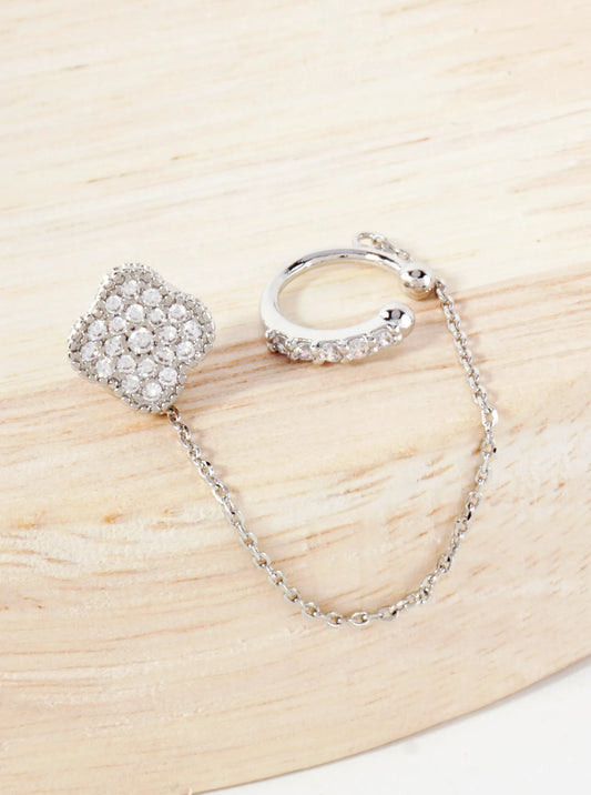 10mm Pave-Set CZ Quatrefoil Stud And Ear Cuff Drape Chain 18K-Gold-Dipped Earring Set