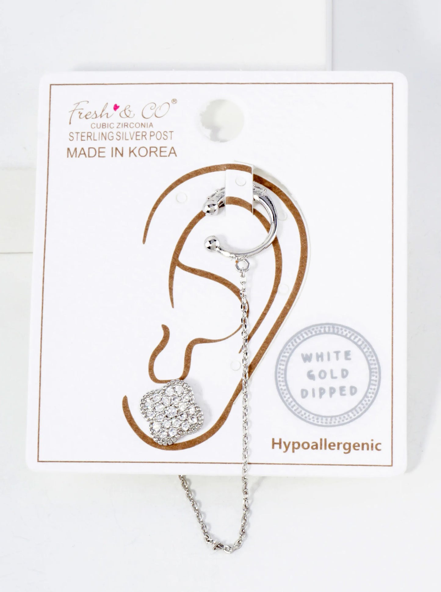 10mm Pave-Set CZ Quatrefoil Stud And Ear Cuff Drape Chain 18K-Gold-Dipped Earring Set