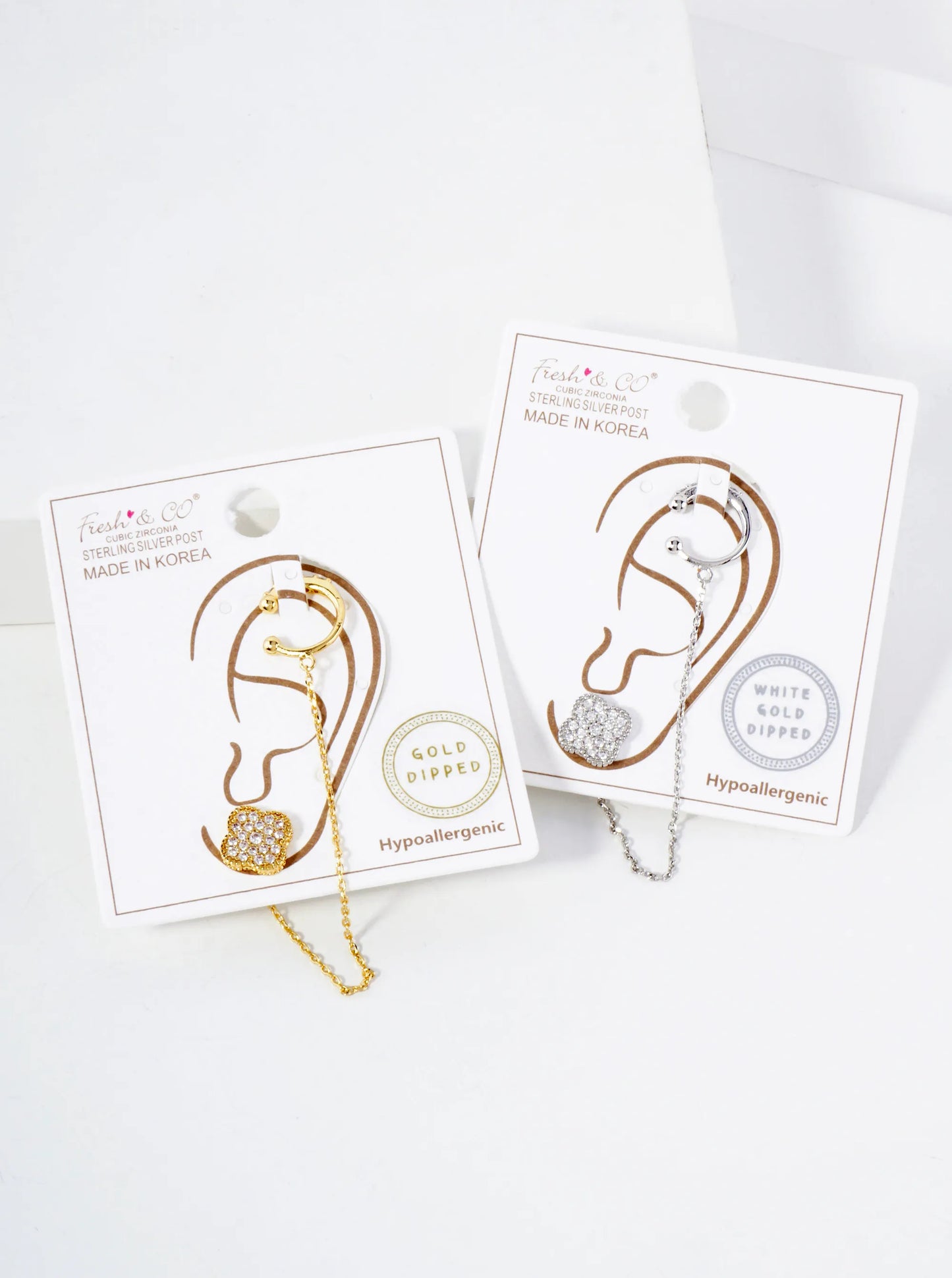 10mm Pave-Set CZ Quatrefoil Stud And Ear Cuff Drape Chain 18K-Gold-Dipped Earring Set