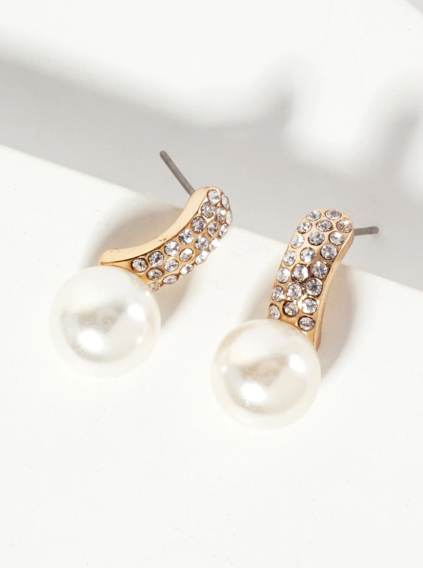 10mm Pearl-Bead Drop Crystal-Pave Curved-Bar Post Earrings