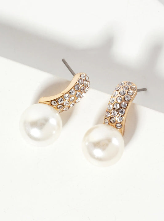 10mm Pearl-Bead Drop Crystal-Pave Curved-Bar Post Earrings