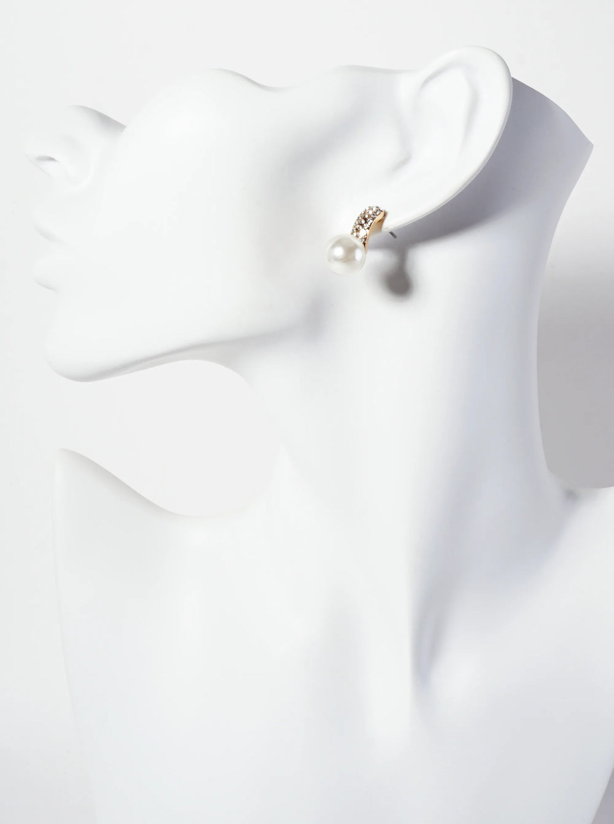 10mm Pearl-Bead Drop Crystal-Pave Curved-Bar Post Earrings