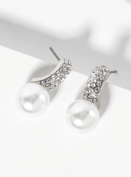 10mm Pearl-Bead Drop Crystal-Pave Curved-Bar Post Earrings
