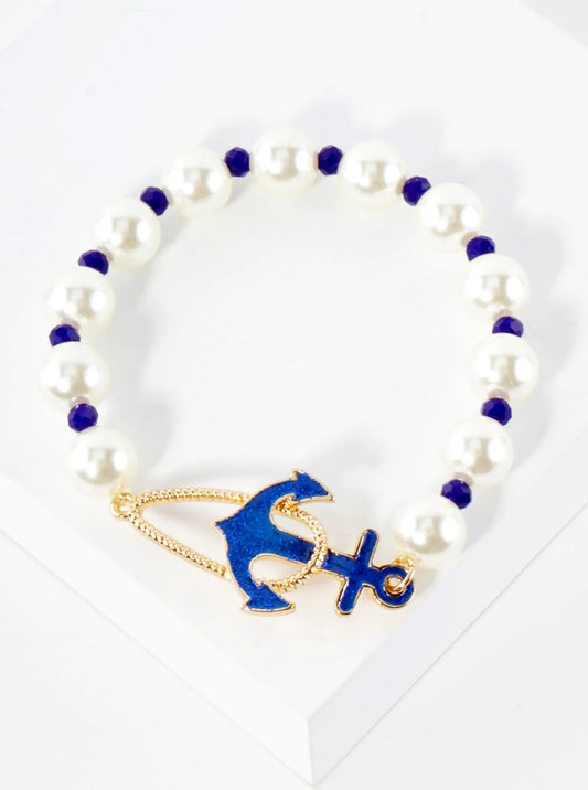 10mm Pearl Beaded Glitter Anchor Accents Nautical Stretch Bracelet