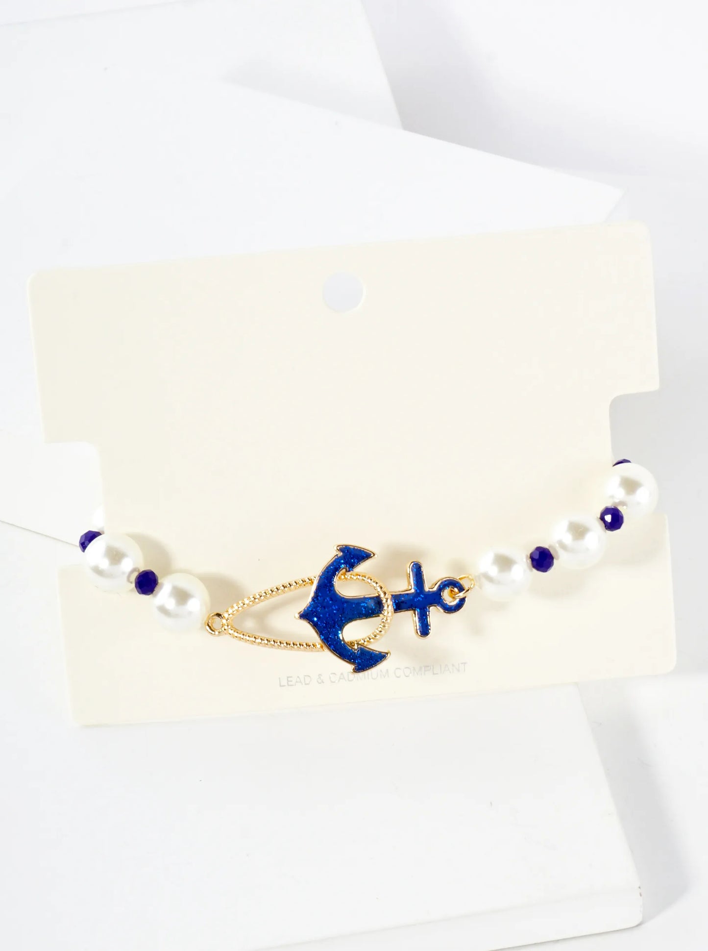 10mm Pearl Beaded Glitter Anchor Accents Nautical Stretch Bracelet