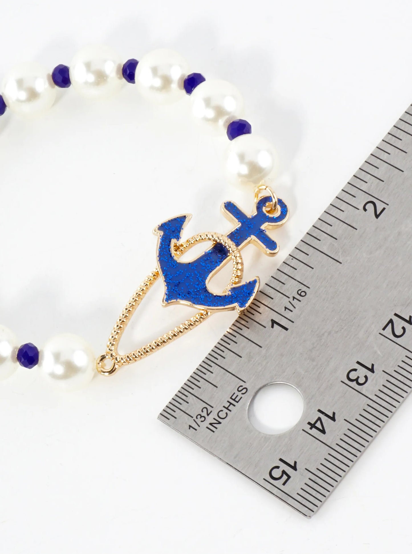 10mm Pearl Beaded Glitter Anchor Accents Nautical Stretch Bracelet