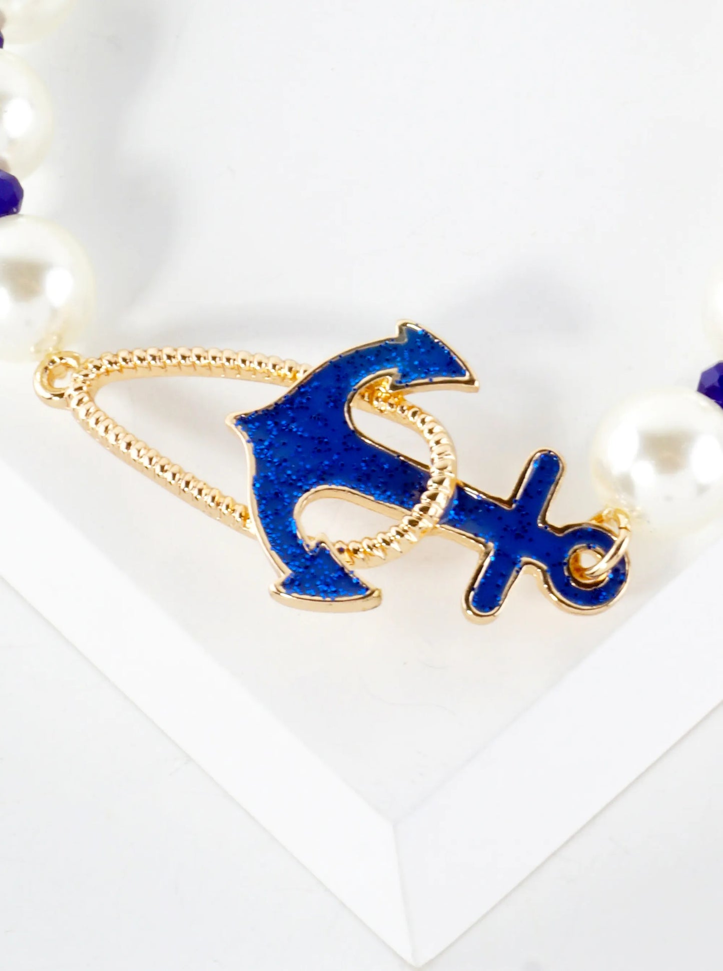 10mm Pearl Beaded Glitter Anchor Accents Nautical Stretch Bracelet