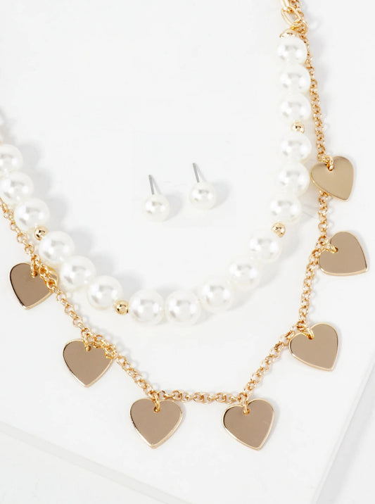 10mm Pearl-Beaded Heart-Charm Layered Necklace Set-with-Earrings