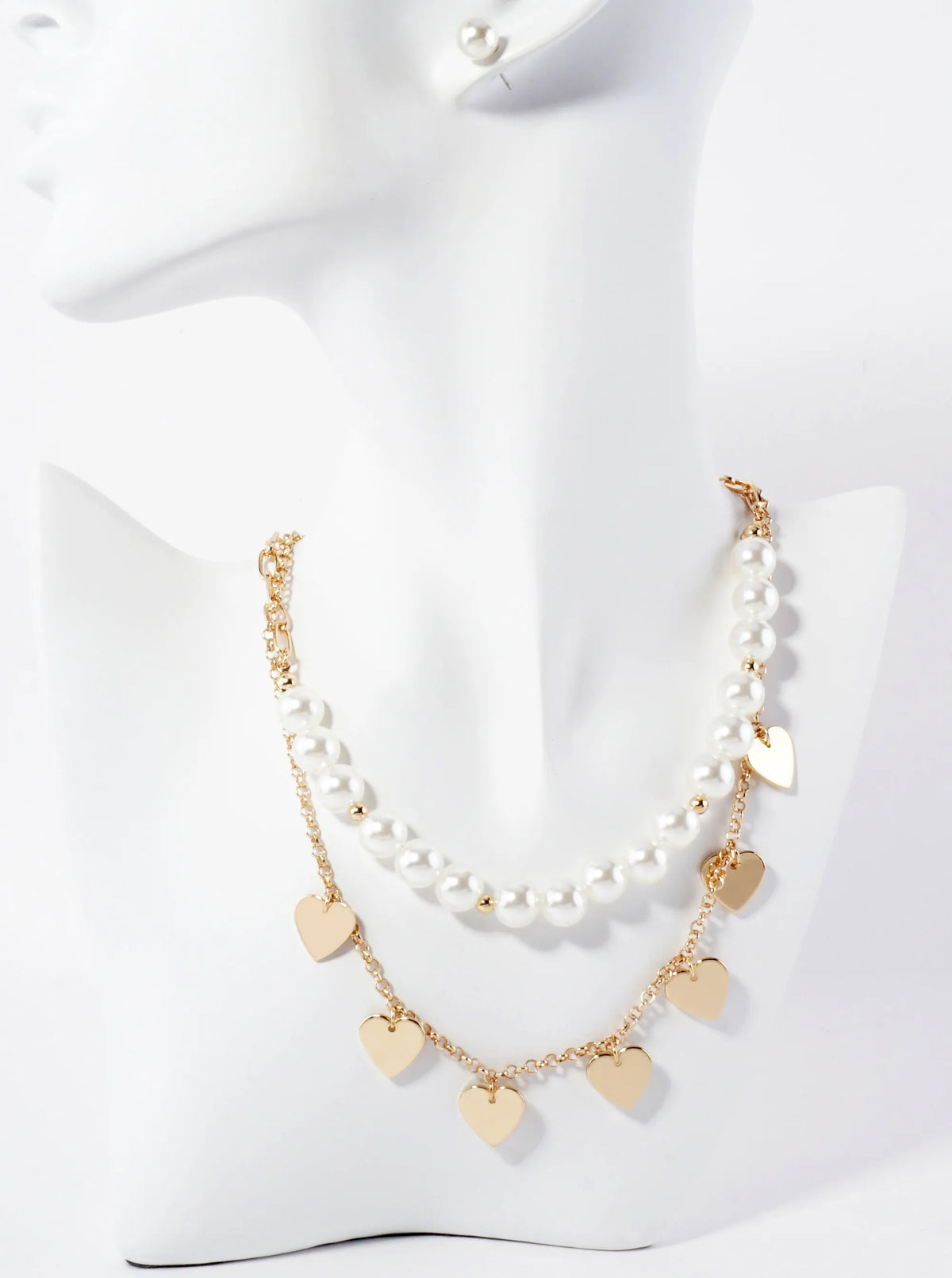 10mm Pearl-Beaded Heart-Charm Layered Necklace Set-with-Earrings