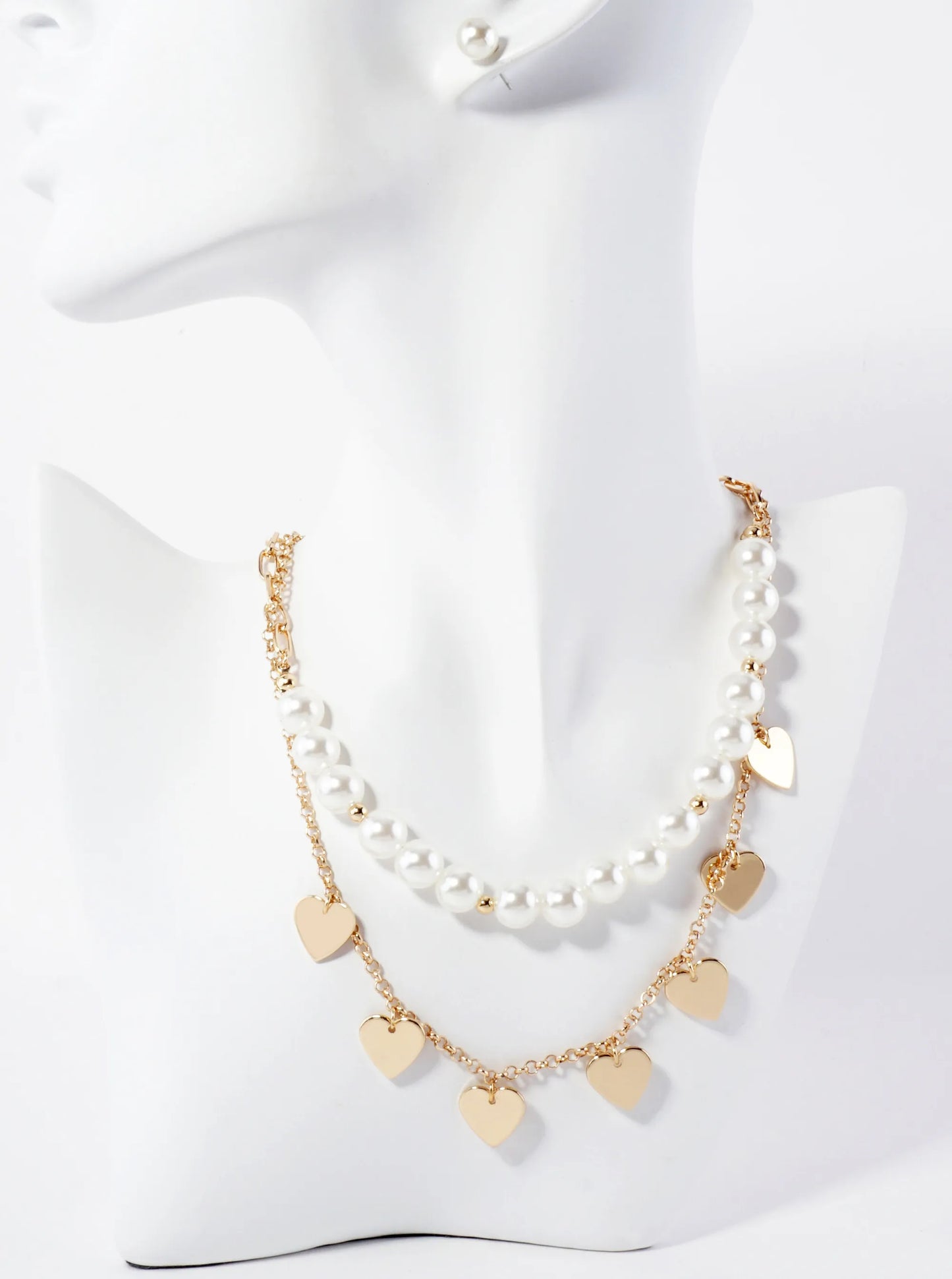 10mm Pearl-Beaded Heart-Charm Layered Necklace Set-with-Earrings
