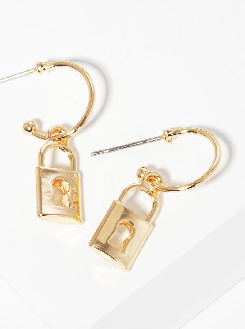 10mm Polished Metal Padlock Dangle Drop 10mm Hoop Earrings