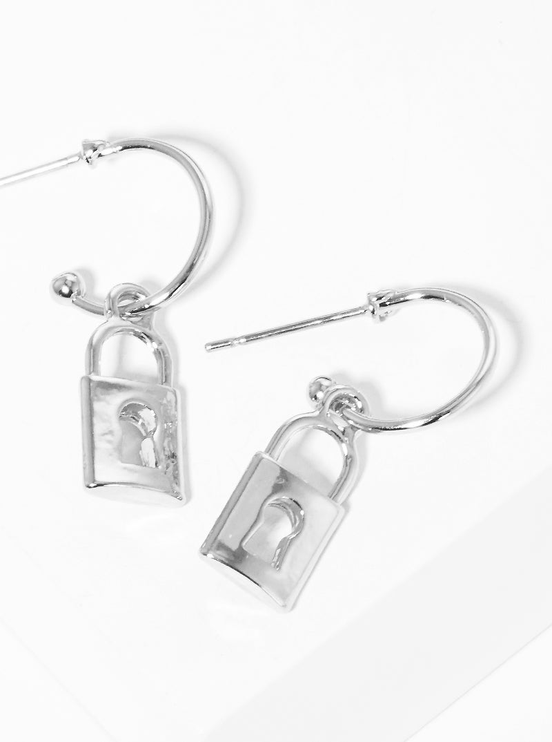 10mm Polished Metal Padlock Dangle Drop 10mm Hoop Earrings