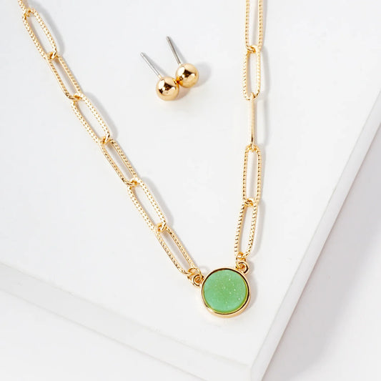 10mm Round Simulated-Druzy Pendant 16-Inch Necklace Set-with-Earrings