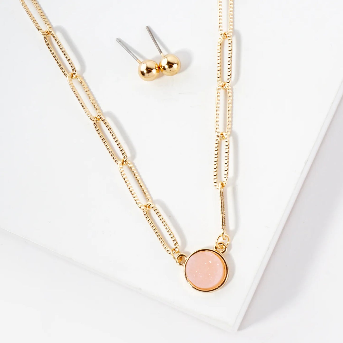 10mm Round Simulated-Druzy Pendant 16-Inch Necklace Set-with-Earrings
