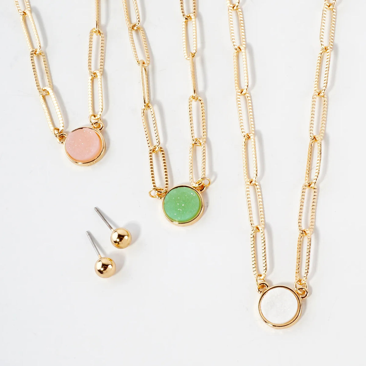 10mm Round Simulated-Druzy Pendant 16-Inch Necklace Set-with-Earrings