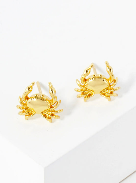 10mm Sea-Life Crab 18K-Gold-Dipped Polished Brass Stud Earrings