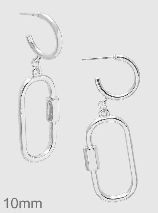 10mm Metal Hoop Earrings With Carabiner Drop RHODIUM