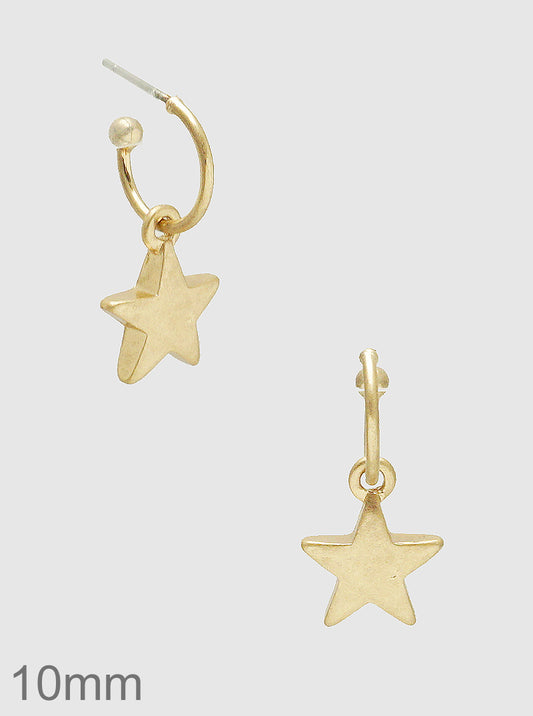 10mm Metal Star Drop Hoop Earrings Worn gold
