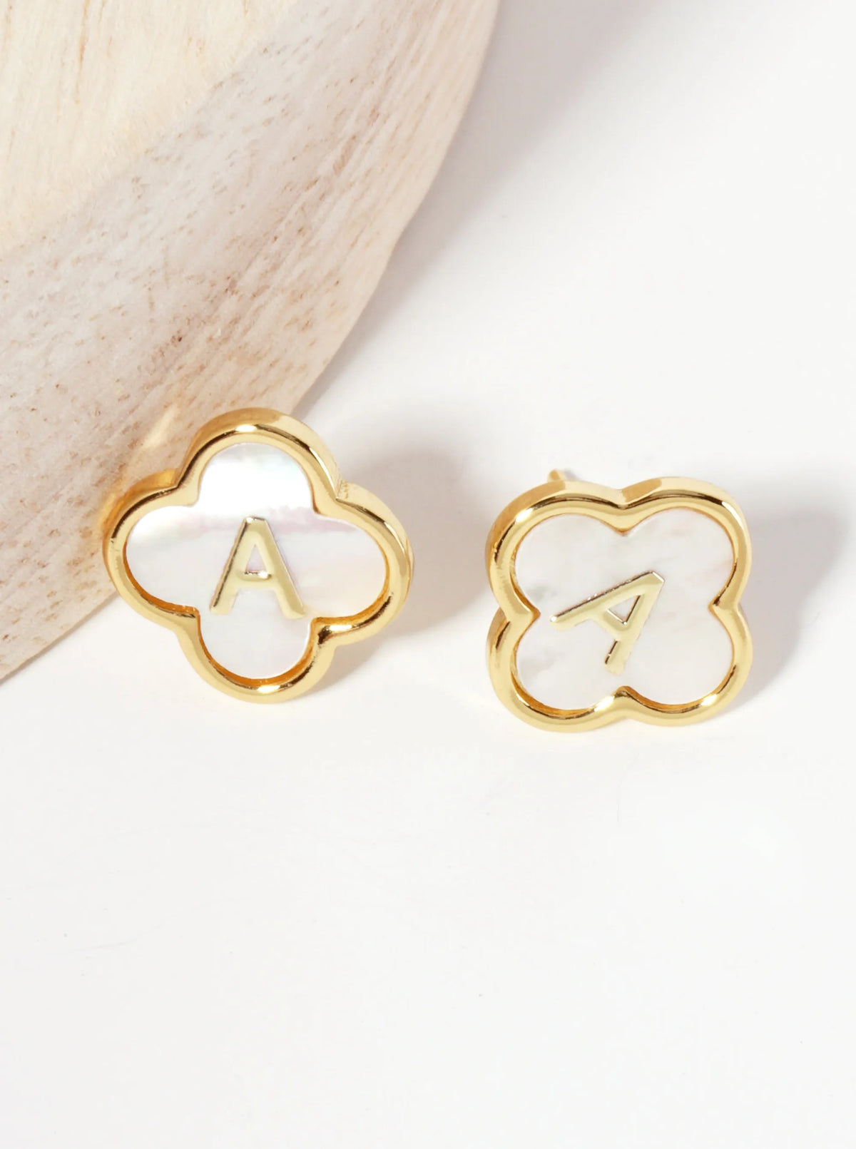11mm 18K-Gold-Dipped Brass Mother-of-Pearl Quatrefoil Initial Monogram Stud Earrings
