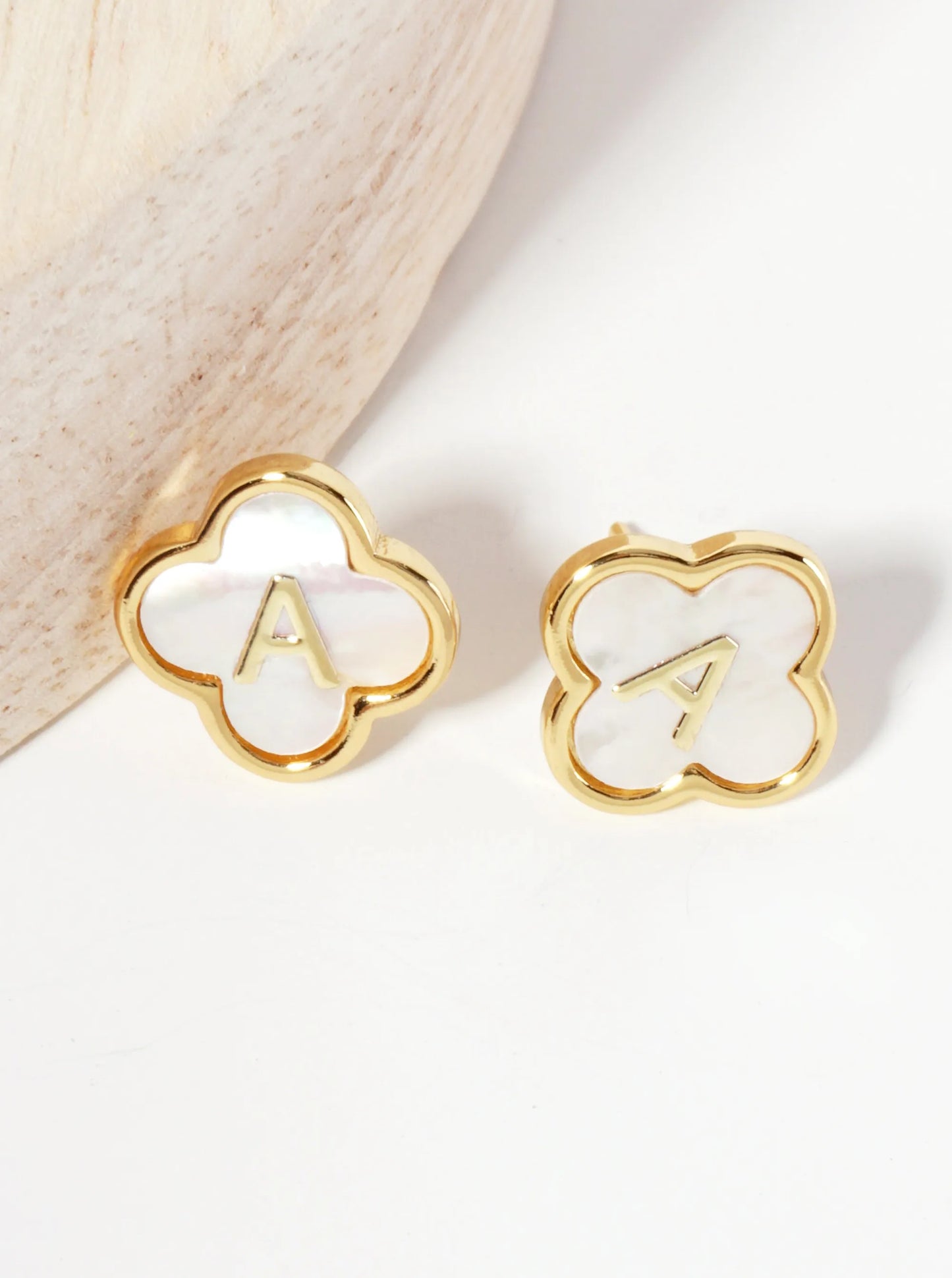 11mm 18K-Gold-Dipped Brass Mother-of-Pearl Quatrefoil Initial Monogram Stud Earrings