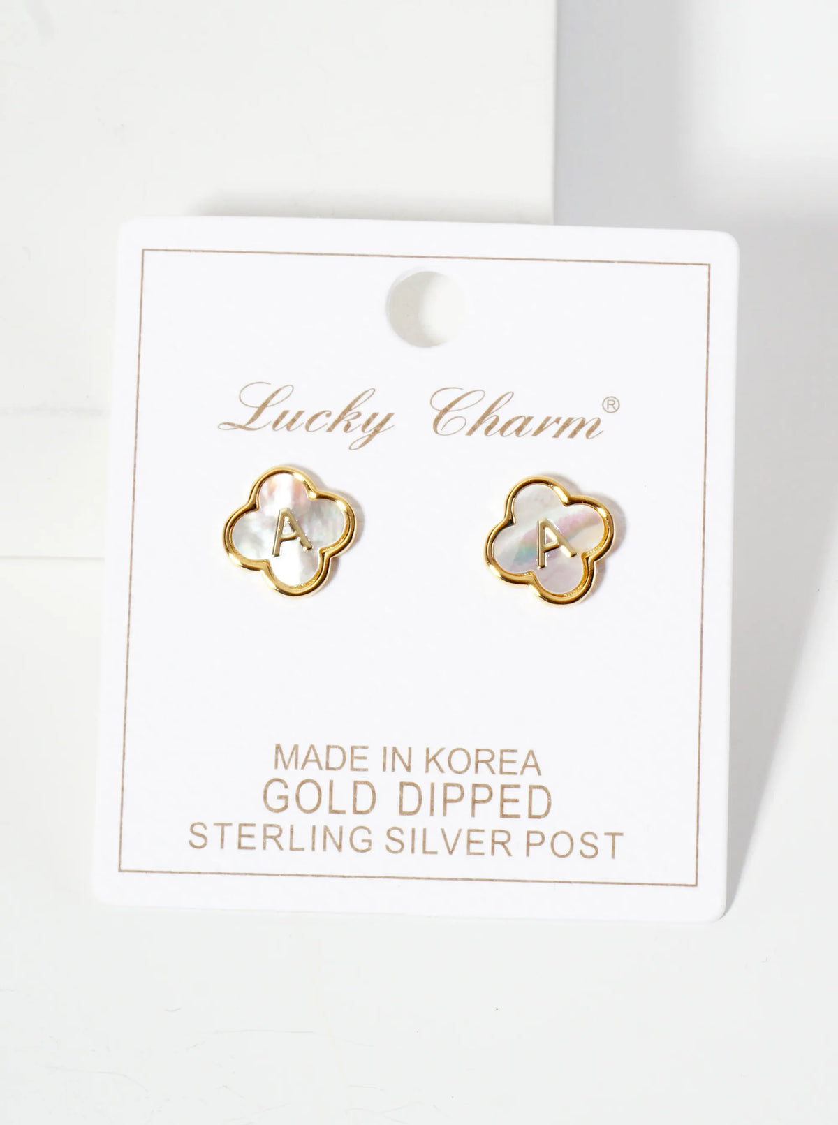 11mm 18K-Gold-Dipped Brass Mother-of-Pearl Quatrefoil Initial Monogram Stud Earrings